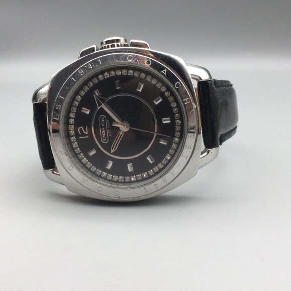 Coach Watch Women 39mm Silver Tone Black Logo Dial Crystals Leather New Battery - Picture 1 of 15